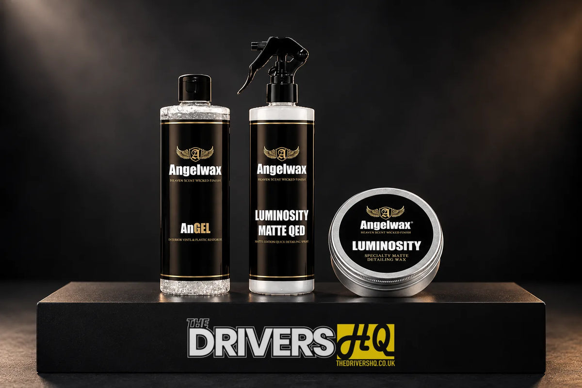 Angelwax AnGEL interior dressing, Luminosity Matte QED spray and Luminosity matte wax tin on a black display plinth