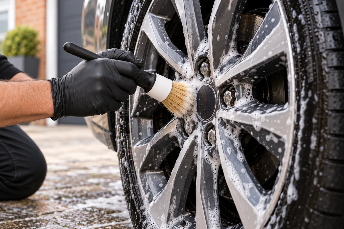 Better Detailing boar hair detailing brush cleaning around the wheel nuts of a foamy alloy wheel