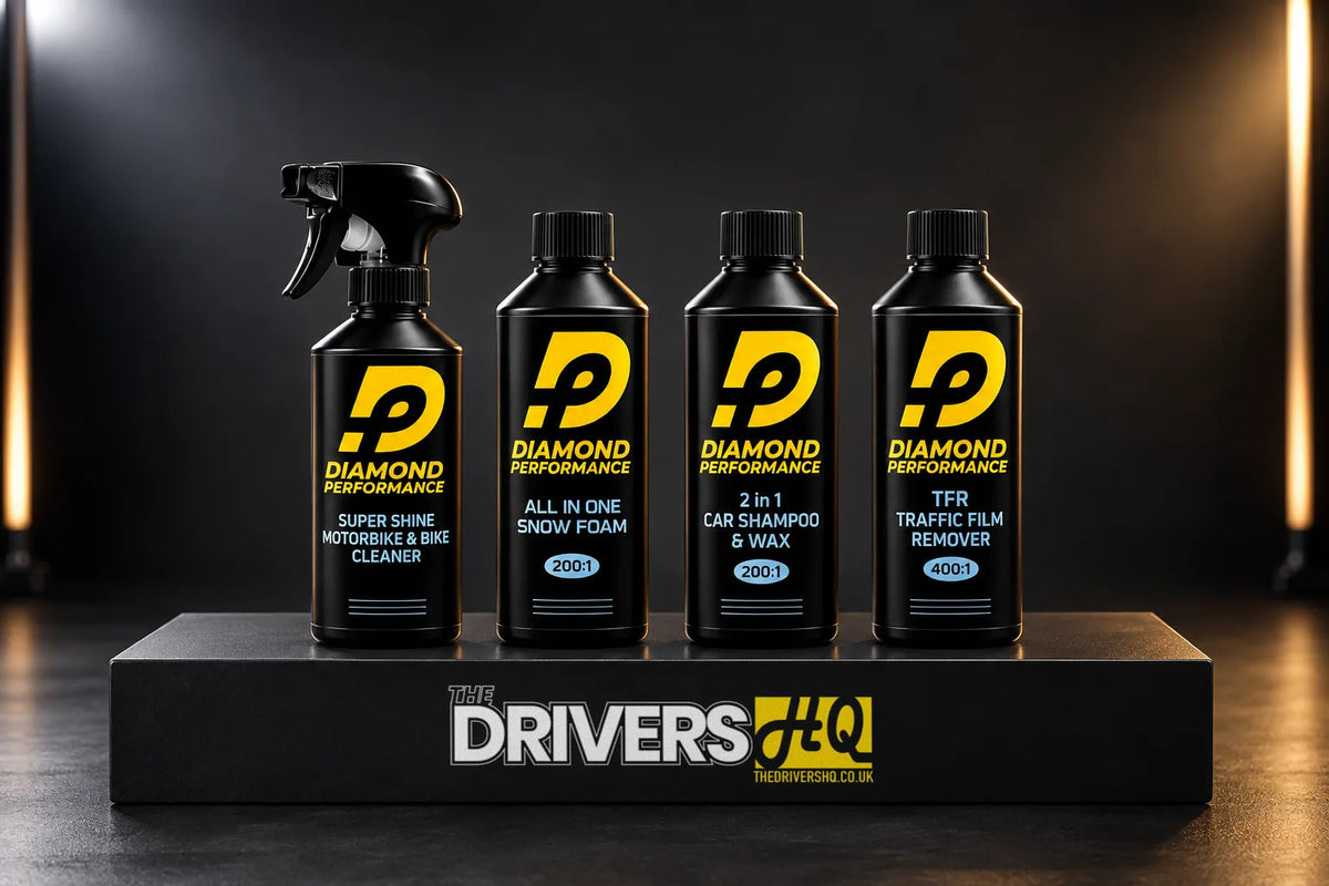 Diamond Performance Super Shine Motorbike & Bike Cleaner, All in One Snow Foam, 2 in 1 Car Shampoo & Wax and TFR Traffic Film Remover on a black display plinth