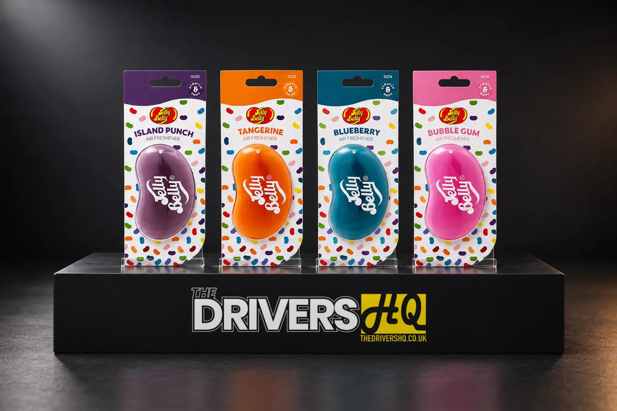Jelly Belly Island Punch, Tangerine, Blueberry and Bubble Gum 3D air fresheners in their packs on a black display plinth