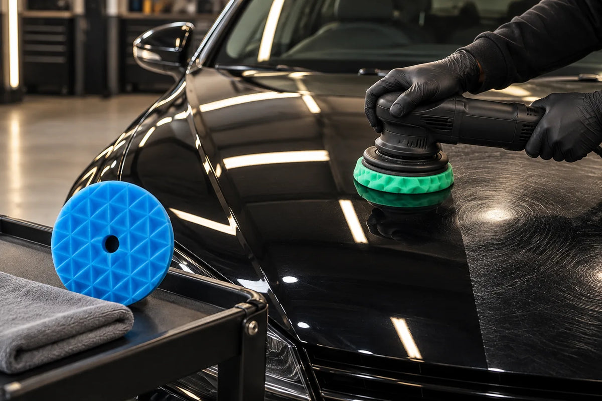 ShineMate Black Diamond green heavy cutting pad on a dual action polisher correcting the bonnet of a black car