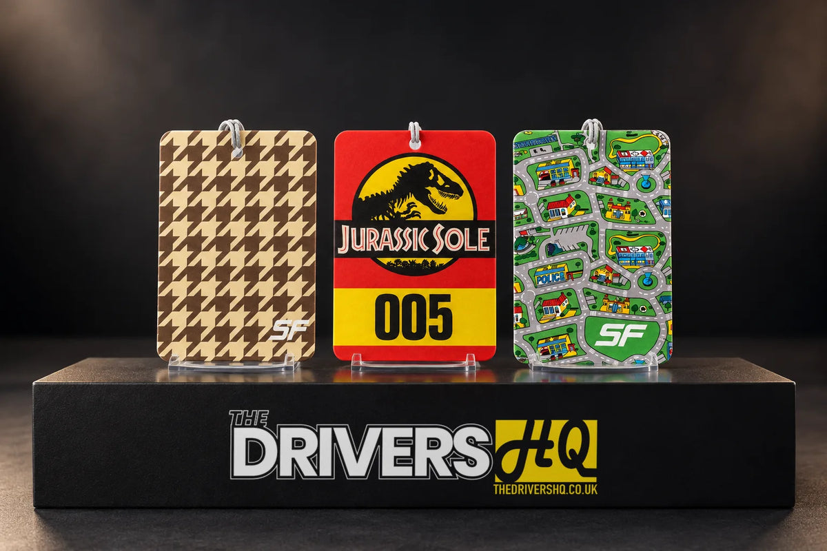 Sole Flavours houndstooth, Jurassic Sole 005 and road map car air fresheners on a black display plinth