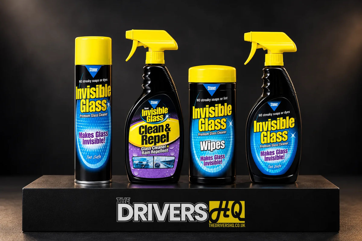 Stoner Invisible Glass aerosol, Clean & Repel, Invisible Glass Wipes and Invisible Glass spray on a black display plinth