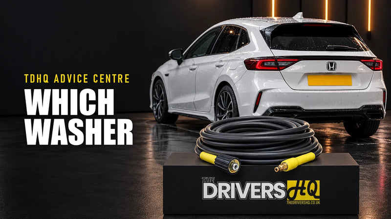 Active pressure washer vs Karcher: a Karcher K series pressure washer hose on The Drivers HQ display plinth behind a white Honda Civic