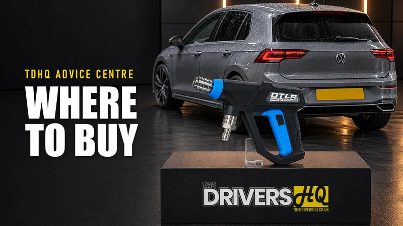 Active pressure washers UK, where to buy: the DTLR 2.0 Pro trigger gun on The Drivers HQ display plinth in front of a grey VW Golf