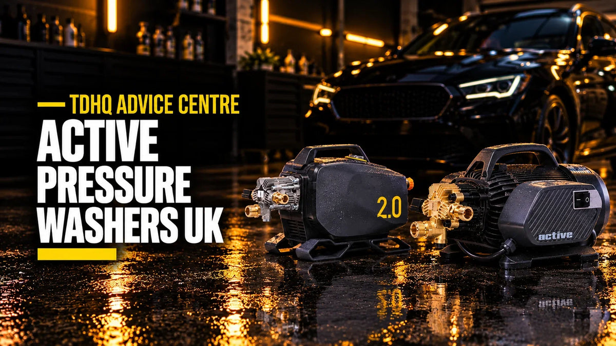 Active pressure washers UK: the Active 2.0 and Active 2.3 electric pressure washers side by side on a wet showroom floor