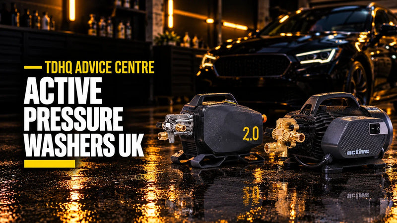 Active pressure washers UK: the Active 2.0 and Active 2.3 electric pressure washers side by side on a wet showroom floor
