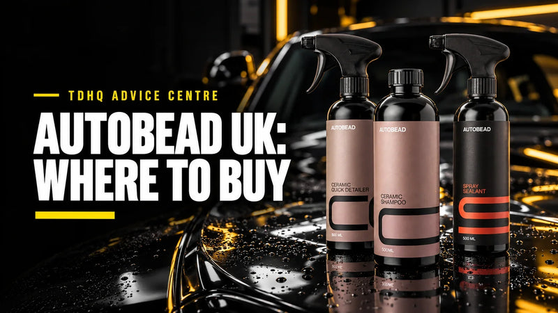 Autobead UK where to buy: Autobead Ceramic Quick Detailer, Ceramic Shampoo and Spray Sealant on a wet black car bonnet