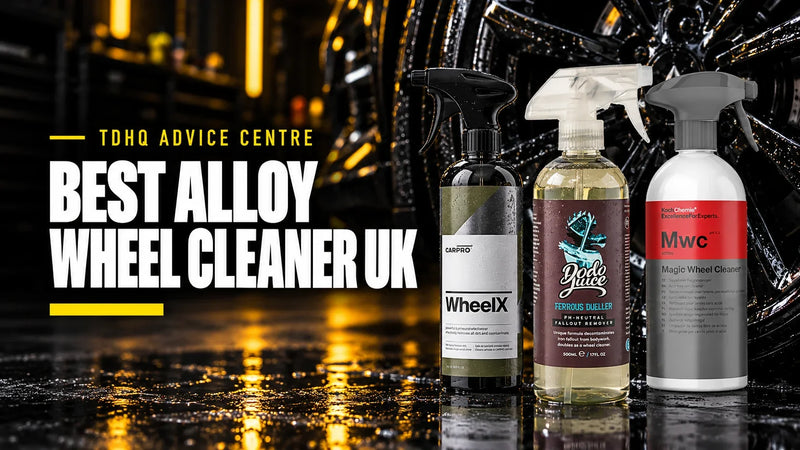 Best alloy wheel cleaner UK: CarPro WheelX, Dodo Juice Ferrous Dueller and Koch-Chemie Magic Wheel Cleaner beside a black alloy wheel