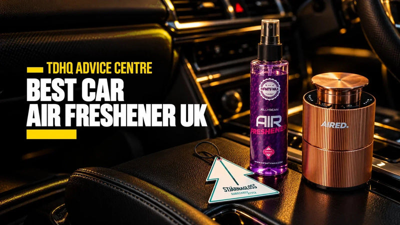 Best car air freshener UK: Infinity Wax Jellybean spray, the AIRED Aura rose gold diffuser and a Stjärnagloss Roots hanging card on a black leather car console