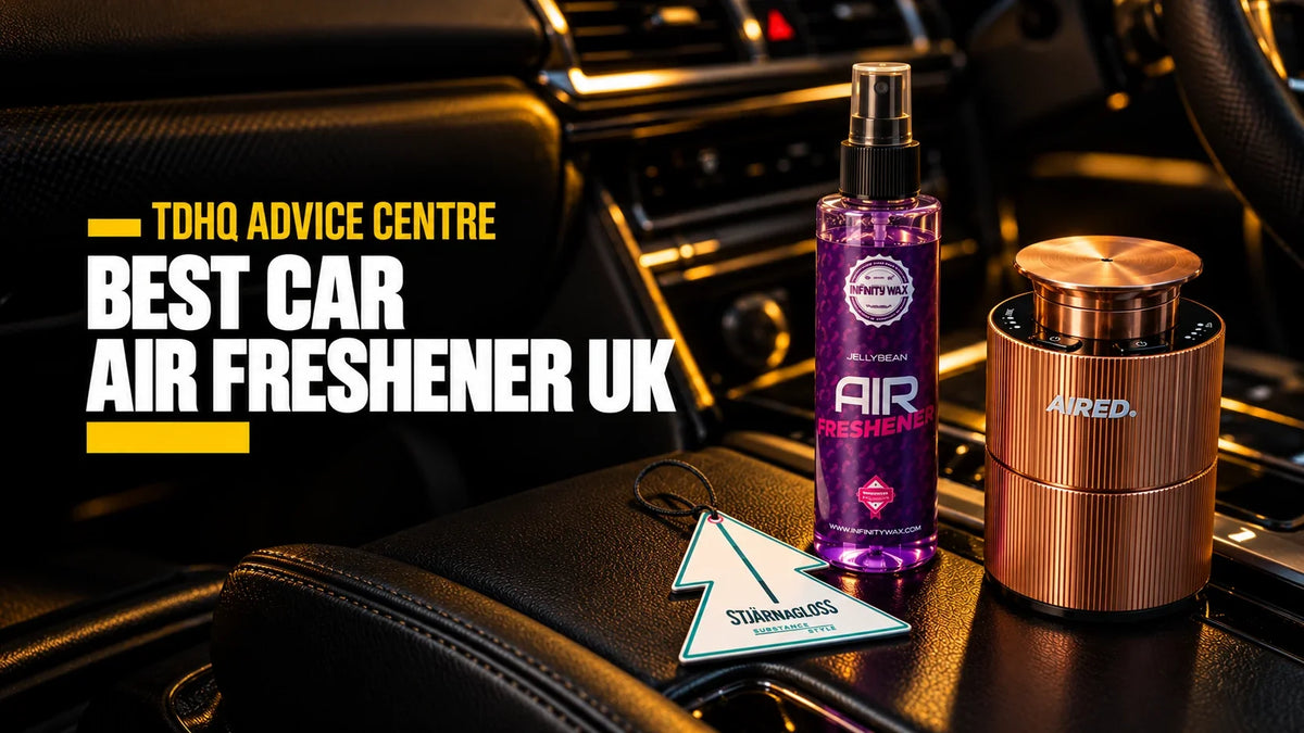 Best car air freshener UK: Infinity Wax Jellybean spray, the AIRED Aura rose gold diffuser and a Stjärnagloss Roots hanging card on a black leather car console