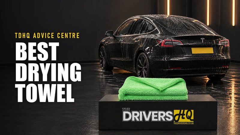 Best car drying towel UK: FibreKing Silver Label twisted loop towel on The Drivers HQ display plinth behind a wet Tesla Model 3