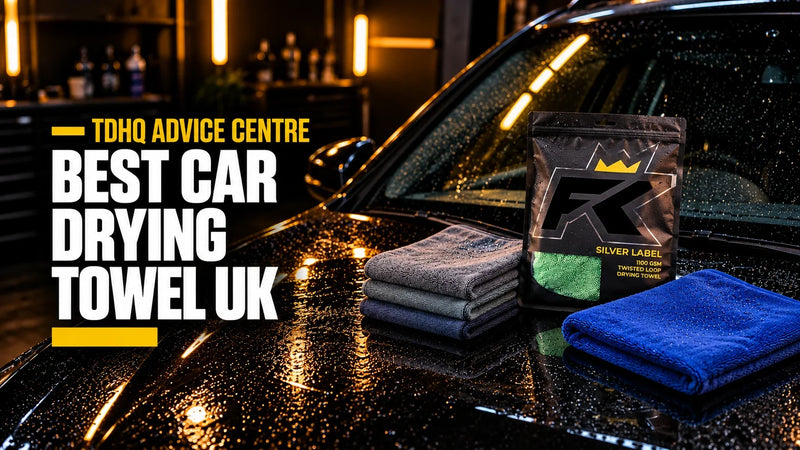 Best car drying towel UK: FibreKing Gold Label towels, the FibreKing Silver Label drying towel pack and a blue Mammoth towel on a beaded black bonnet