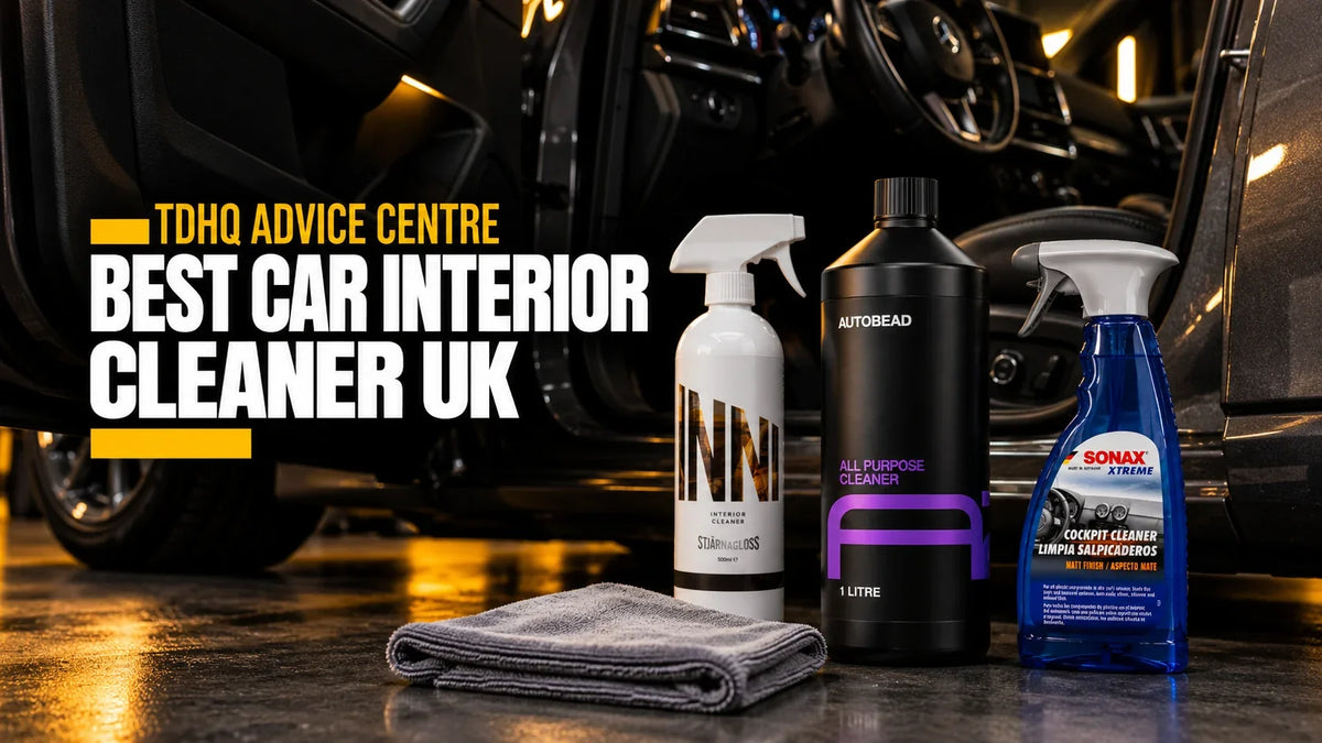 Best car interior cleaner UK: Stjarnagloss Inni, AutoBead All Purpose Cleaner 1 litre and Sonax XTREME Cockpit Cleaner with a grey microfibre cloth beside an open car door