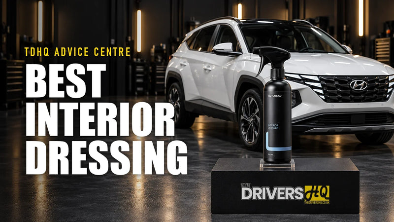 Best car interior dressing UK: AutoBead Interior Detailer on The Drivers HQ display plinth in front of a white Hyundai Tucson