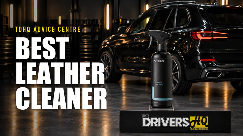 Best car leather cleaner UK: AutoBead Leather Cleaner on The Drivers HQ display plinth in front of a black BMW X5