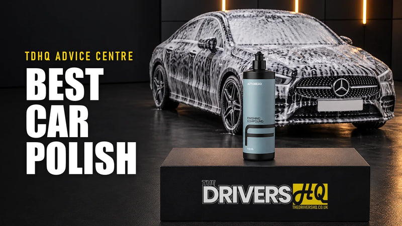 Best car polish UK: AutoBead Finishing Compound on The Drivers HQ display plinth in front of a black Mercedes CLA covered in snow foam