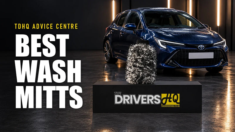 Best car wash mitts: the FibreKing Gold Label Korean Microfibre Wash Mitt on The Drivers HQ display plinth in front of a dark blue Toyota Corolla