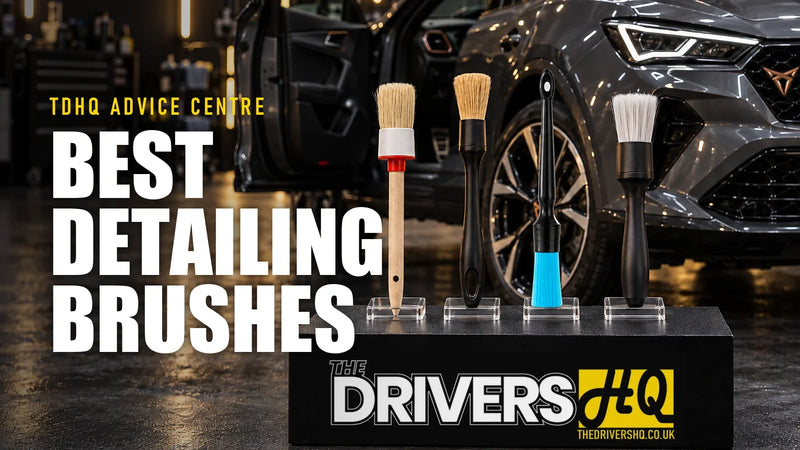 Best detailing brushes UK: Better Detailing Premium Boar Hair, Plastic Handle Boar Hair, Firm Synthetic and Chemical Resistant brushes on The Drivers HQ display plinth