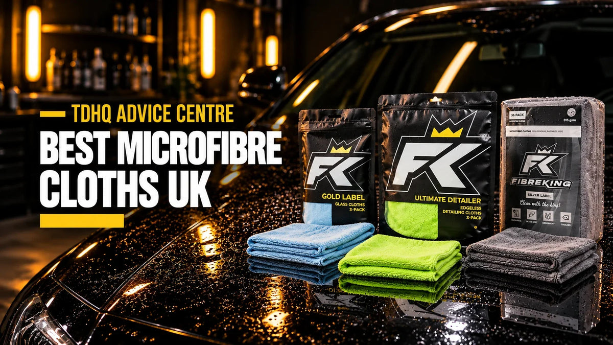 Best microfibre cloths UK: FibreKing Gold Label Korean glass cloths, Ultimate Detailer 3 pack and Silver Label 36 pack with folded cloths on a wet black car bonnet