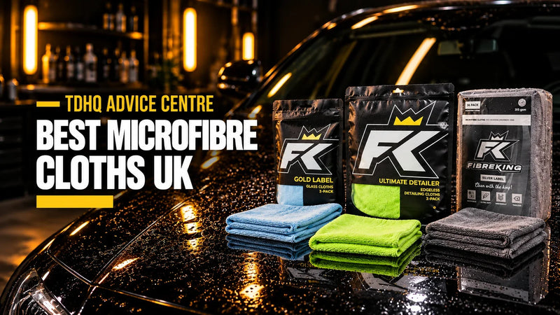 Best microfibre cloths UK: FibreKing Gold Label Korean glass cloths, Ultimate Detailer 3 pack and Silver Label 36 pack with folded cloths on a wet black car bonnet