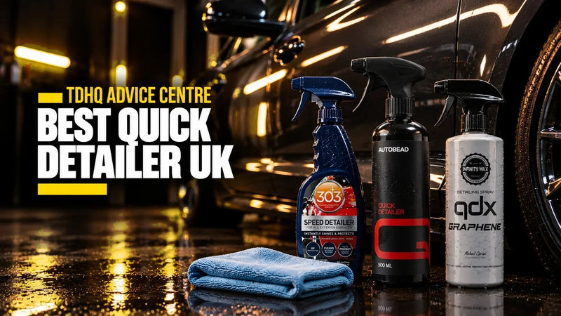 Best quick detailer UK: 303 Speed Detailer, AutoBead Quick Detailer and Infinity Wax QDX Graphene with a blue microfibre cloth beside a dark grey car