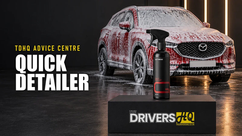 Best quick detailer UK: AutoBead Quick Detailer on The Drivers HQ display plinth in front of a red Mazda CX-5 covered in snow foam