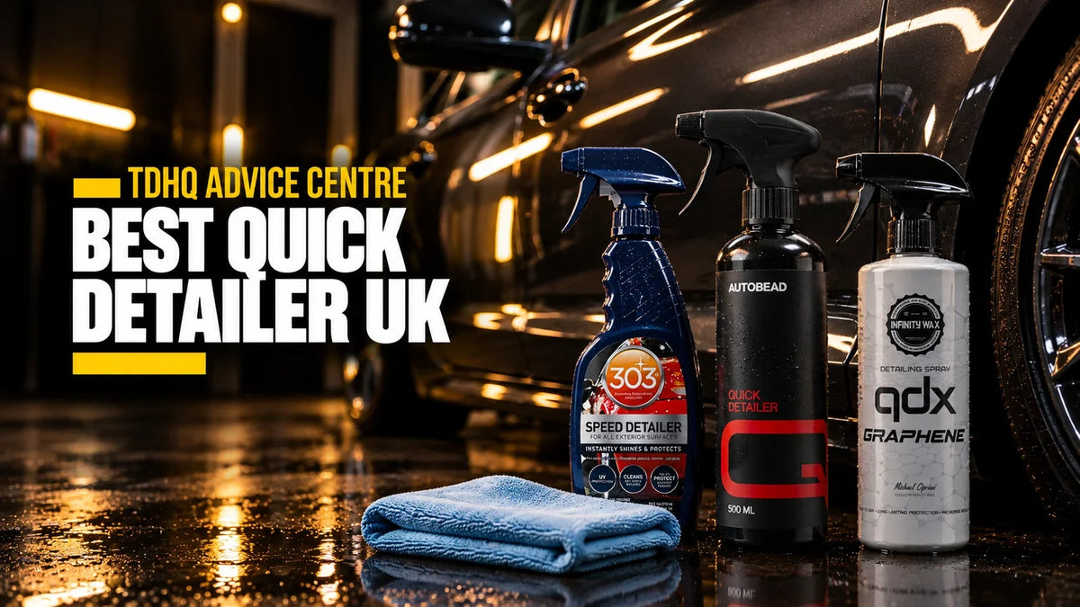 Best quick detailer UK: 303 Speed Detailer, AutoBead Quick Detailer and Infinity Wax QDX Graphene with a blue microfibre cloth beside a dark grey car