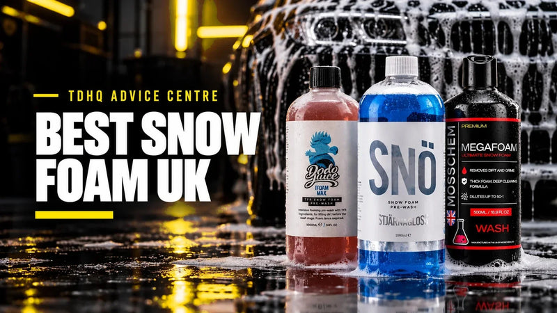 Best snow foam UK: Dodo Juice iFoam Max, Stjarnagloss SNÖ and Mosschem Megafoam in front of a car covered in snow foam