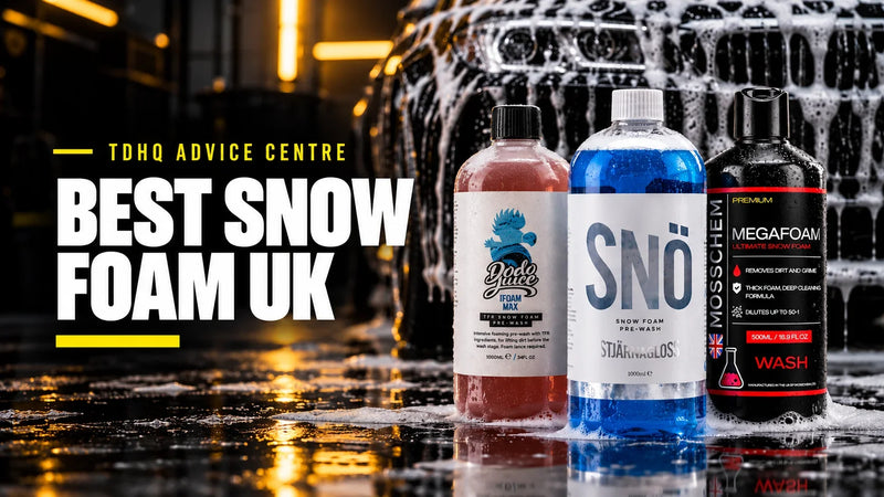 Best snow foam UK: Dodo Juice iFoam Max, Stjarnagloss SNÖ and Mosschem Megafoam in front of a car covered in snow foam