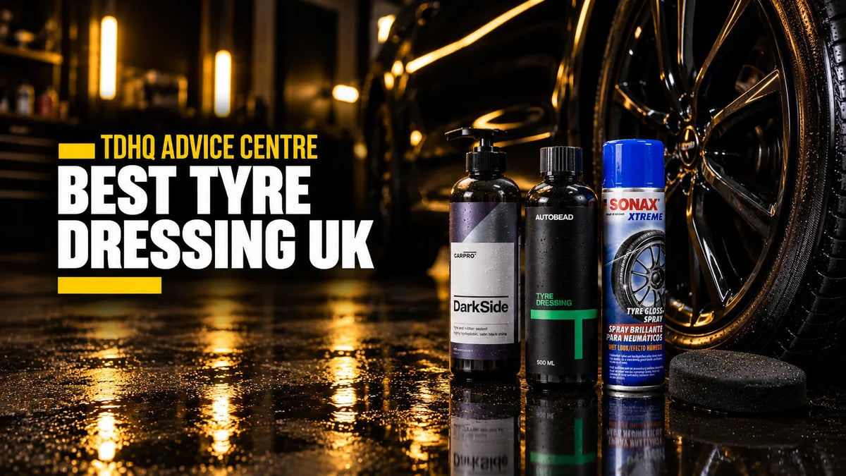 Best tyre dressing UK: CarPro DarkSide, AutoBead Tyre Dressing and Sonax XTREME Tyre Gloss Spray with a foam applicator beside a black alloy wheel