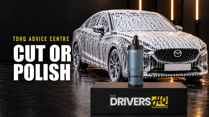 Compound vs polish: AutoBead Heavy Cut Compound on The Drivers HQ display plinth in front of a black Mazda 6 covered in snow foam