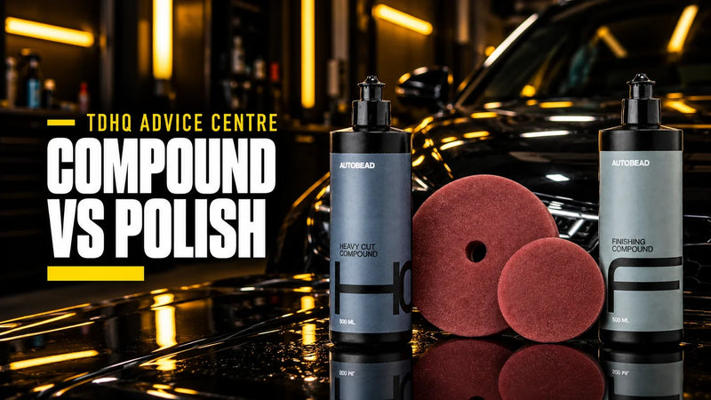 Compound vs polish: Autobead Heavy Cut Compound, Downforce foam pads and Finishing Compound on a glossy black bonnet