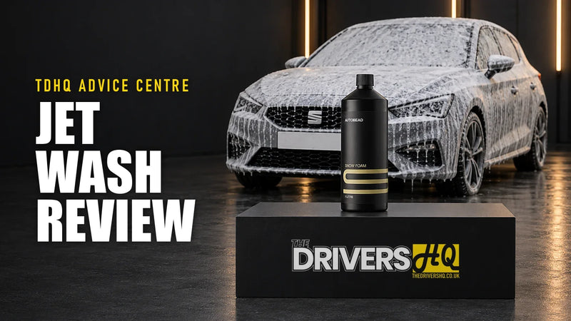 DTLR jet wash pro review: AutoBead Snow Foam on The Drivers HQ display plinth in front of a grey SEAT Leon covered in snow foam