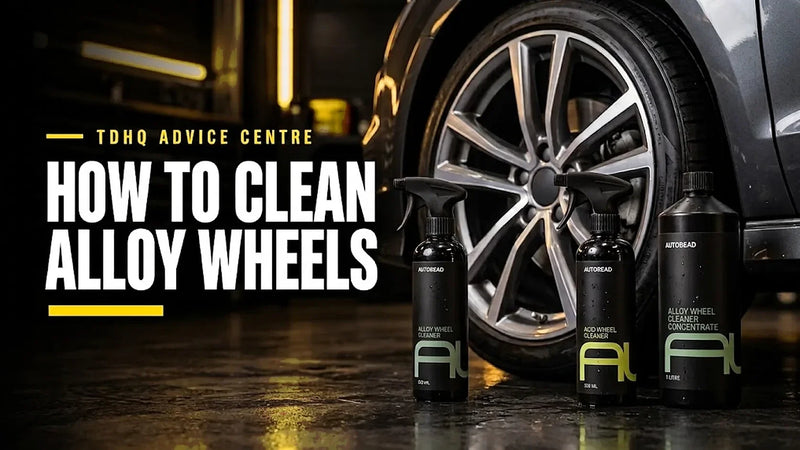 AutoBead Alloy Wheel Cleaner, Acid Wheel Cleaner and Alloy Wheel Cleaner Concentrate beside a clean alloy wheel on a garage floor