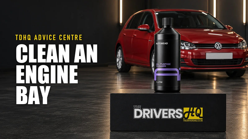 How to clean an engine bay: AutoBead All Purpose Cleaner on The Drivers HQ display plinth in front of a red Volkswagen Golf