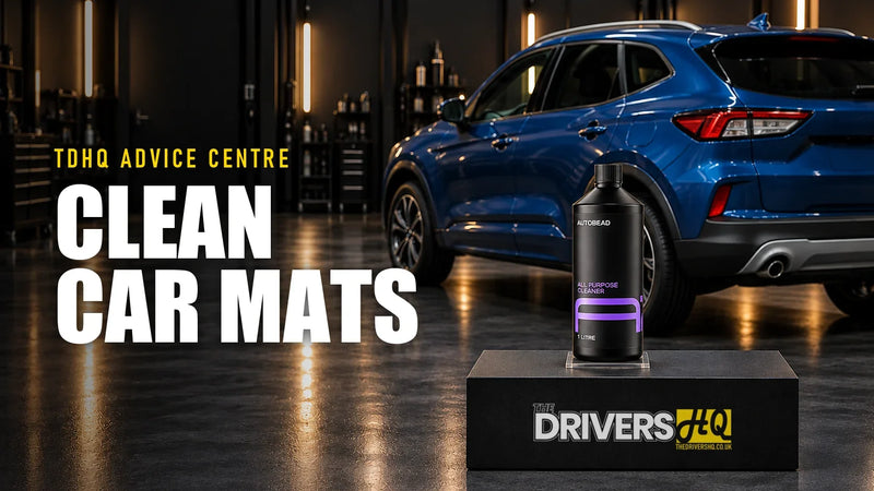 How to clean car mats: AutoBead All Purpose Cleaner on The Drivers HQ display plinth in front of a blue Ford Kuga
