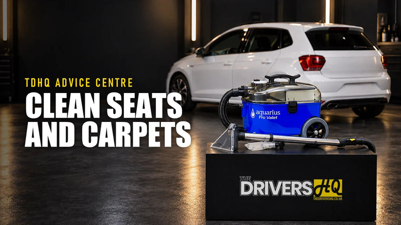 How to clean car seats and carpets: Aquarius Pro Valet carpet and upholstery cleaner on The Drivers HQ display plinth in front of a white Volkswagen Polo