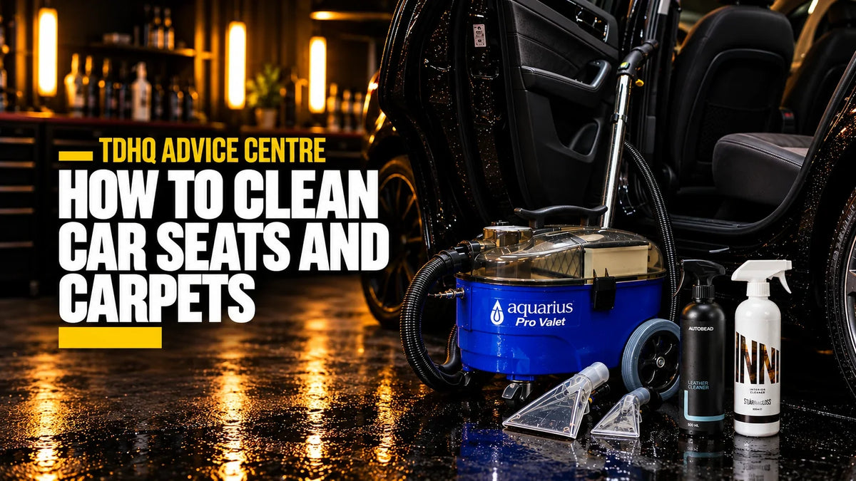 How to clean car seats and carpets: the Aquarius Pro Valet carpet and upholstery cleaner with AutoBead Leather Cleaner and Stjärnagloss Inni by an open car door