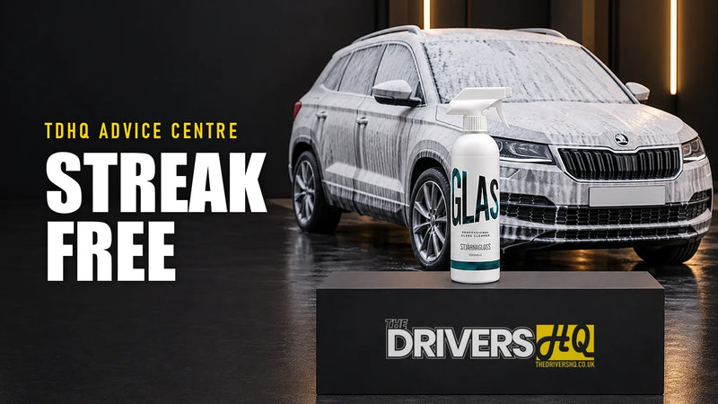 How to clean car windows without streaks: Stjarnagloss Glas glass cleaner on The Drivers HQ display plinth in front of a silver Skoda Karoq covered in snow foam