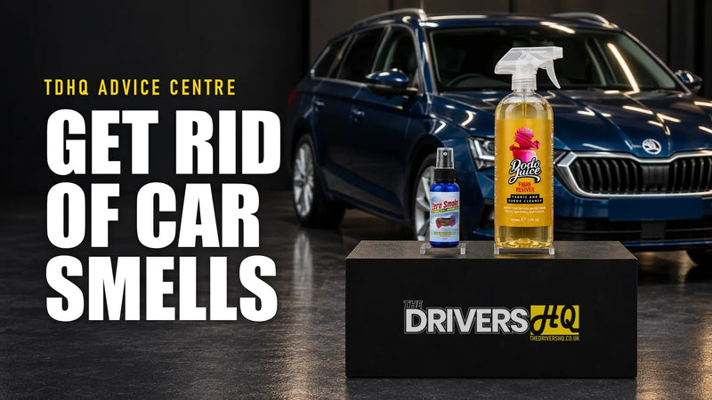 How to get rid of car smells: Dakota Zero Smoke and Dodo Juice Fibre Reviver on The Drivers HQ display plinth