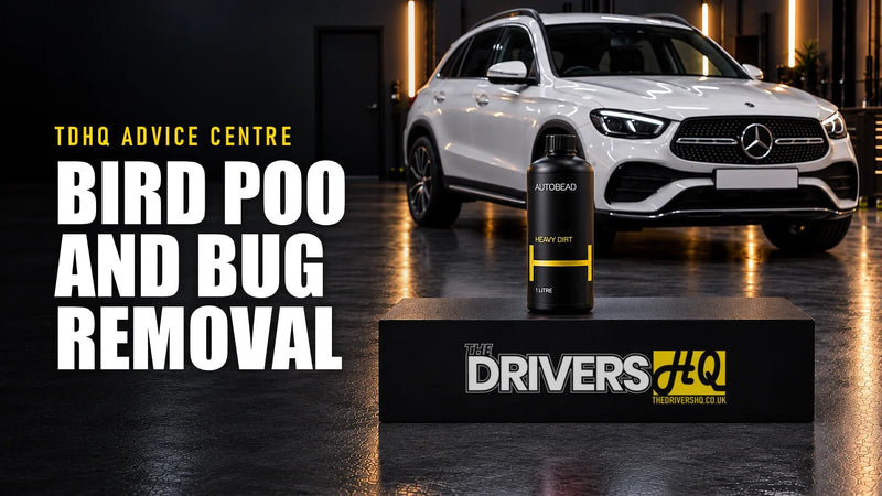 How to remove bird poo and bugs from car paint: AutoBead Heavy Dirt Citrus Pre Wash on The Drivers HQ display plinth in front of a white Mercedes-Benz GLC