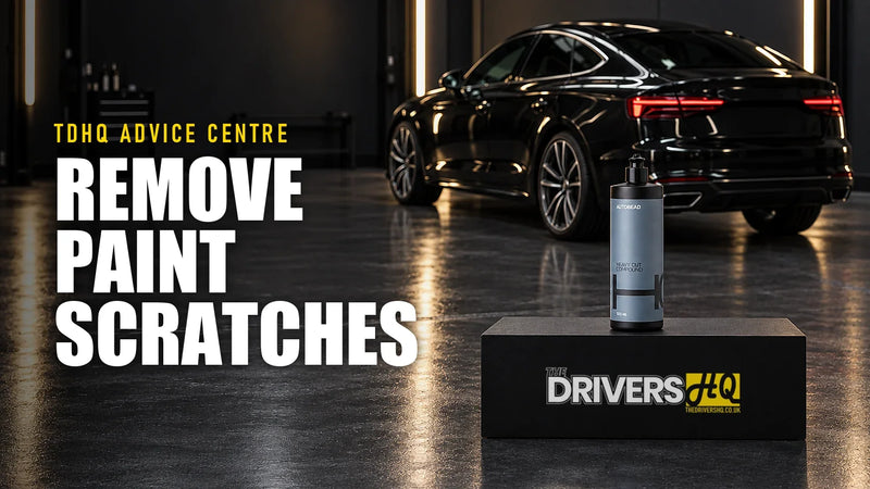 How to remove scratches from car paint: AutoBead Heavy Cut Compound on The Drivers HQ display plinth in front of a black Audi A5 Sportback