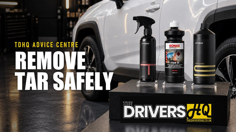 How to remove tar from a car: AutoBead Tar Gel, Sonax PROFILINE Stain Ex and AutoBead Snow Foam on The Drivers HQ display plinth