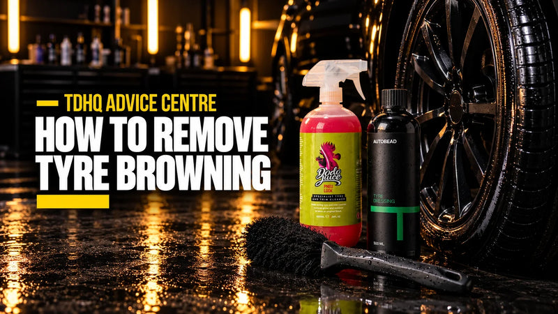 How to remove tyre browning: Dodo Juice Pneu Look, Autobead Tyre Dressing and a tyre brush beside a clean black tyre