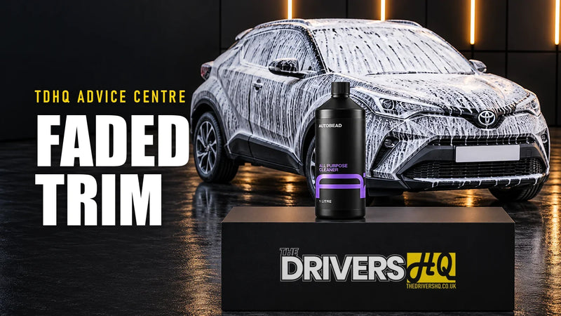 How to restore faded plastic trim: AutoBead All Purpose Cleaner on The Drivers HQ display plinth in front of a grey Toyota C-HR covered in snow foam