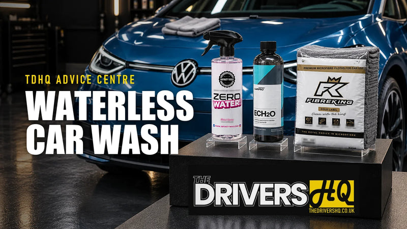 How to use a waterless car wash: Infinity Wax Zero Water, CarPro ECH2O and FibreKing Gold Label microfibre cloths on The Drivers HQ display plinth