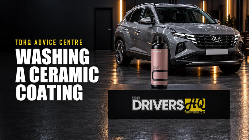 How to wash a ceramic coated car: AutoBead Ceramic Shampoo on The Drivers HQ display plinth in front of a grey Hyundai Tucson