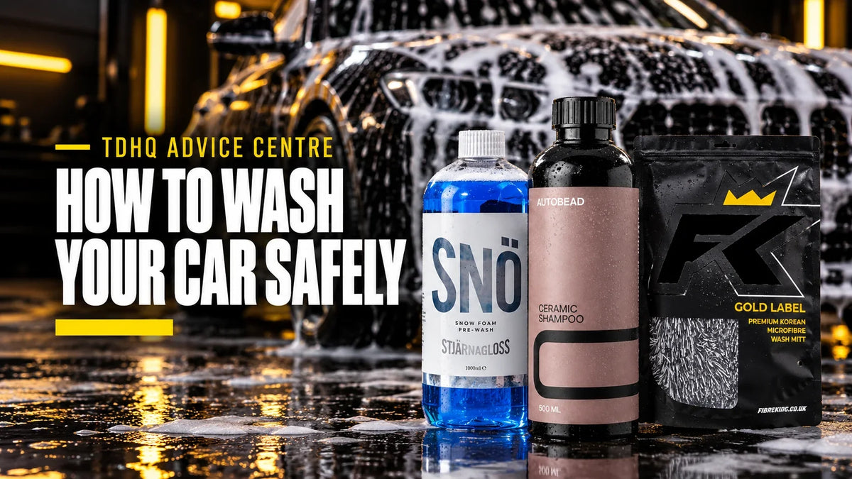 How to wash your car safely: Stjarnagloss SNÖ snow foam, Autobead Ceramic Shampoo and FibreKing Gold Label wash mitt in front of a car covered in snow foam