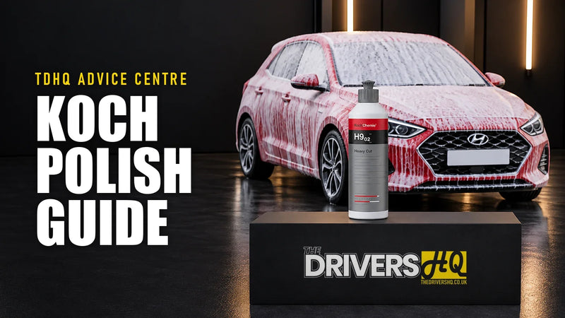 Koch-Chemie polishes explained: Koch-Chemie Heavy Cut H9.02 on The Drivers HQ display plinth in front of a red Hyundai hatchback covered in snow foam